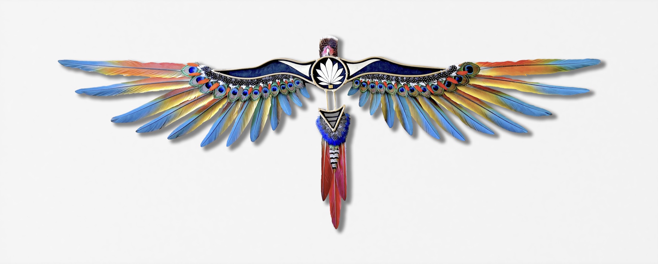 A wide, wing-spread featherwork sculpture by Jasper Horsey
