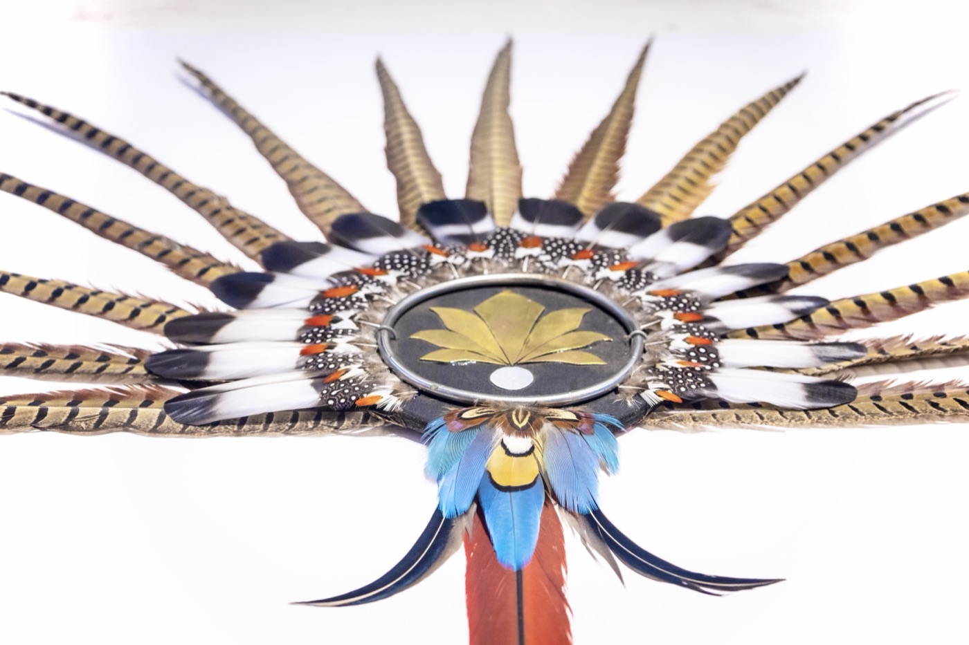 Montezuma, a circular sunburst featherwork sculpture with a brass centre