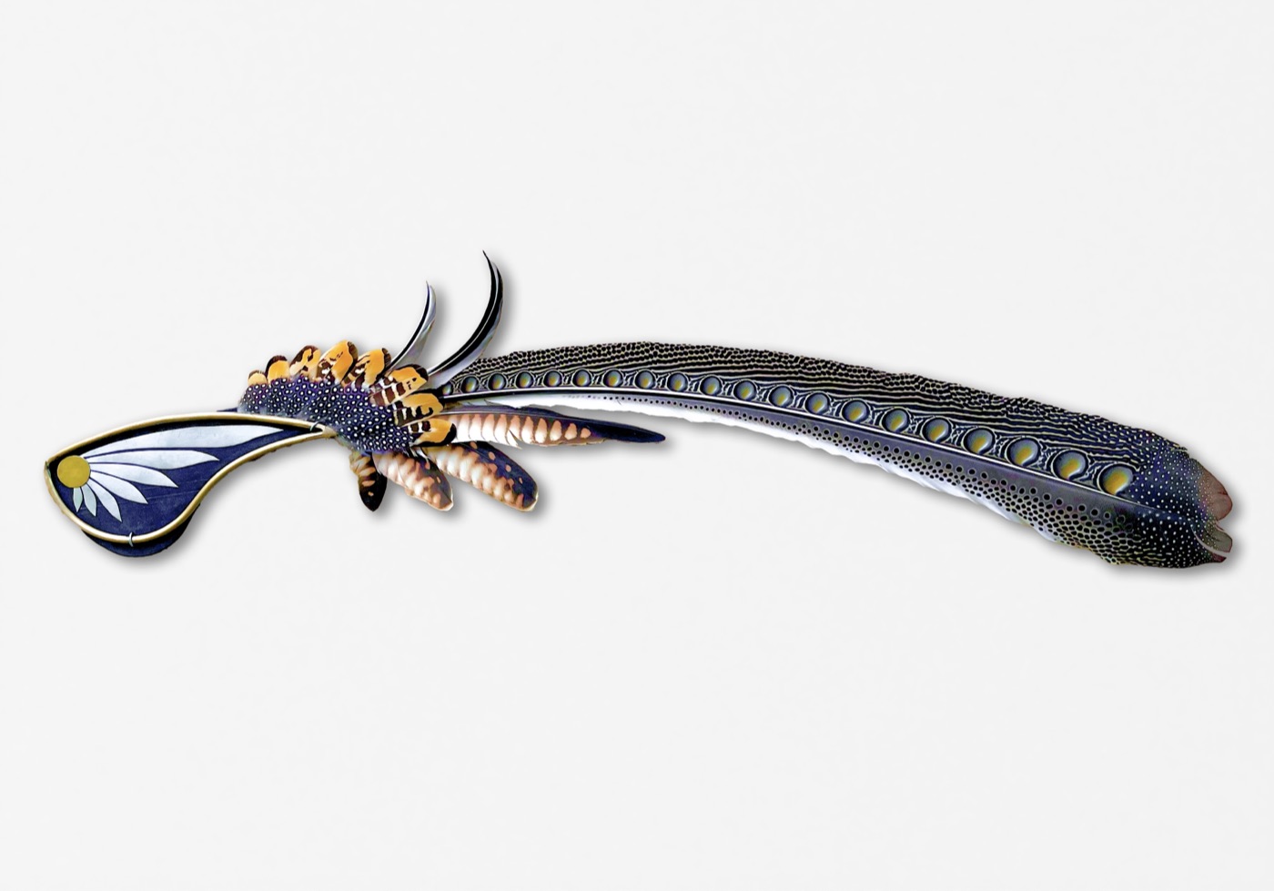 The Argus, a flowing featherwork sculpture patterned with eye-like markings