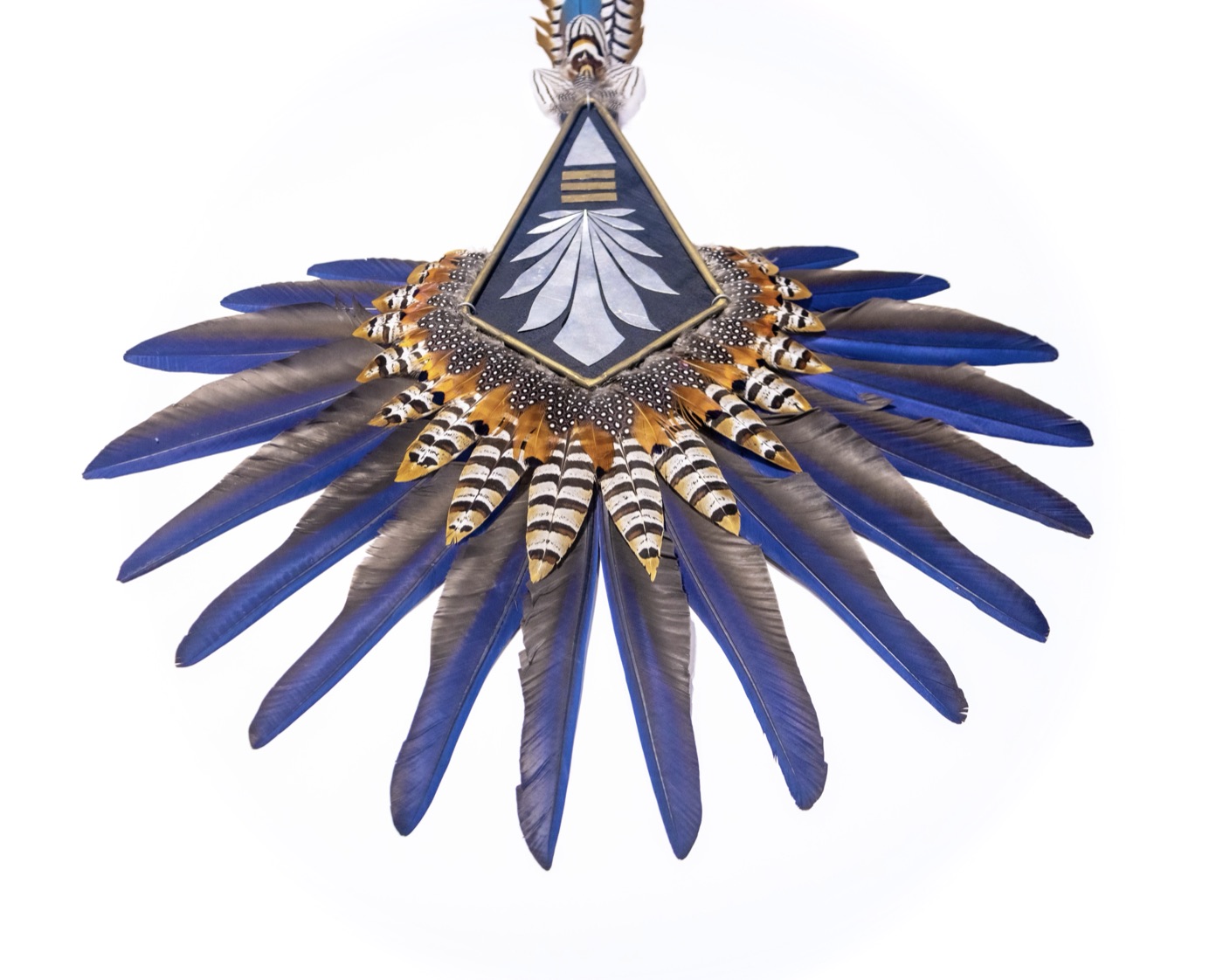 Totems of Hyacinth, a wide wing-span featherwork sculpture in blue and gold